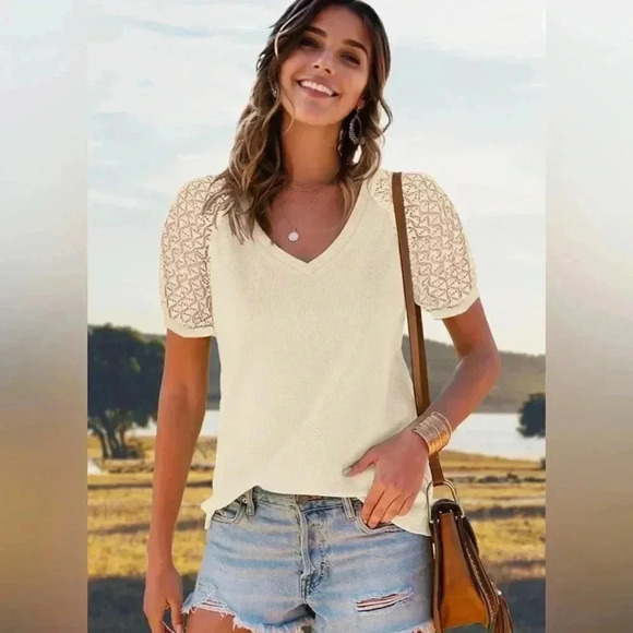 Merokeety Women's Lace Short Sleeve V Neck Tops Size L Cream Shirt Waffle Tee - Picture 1 of 11